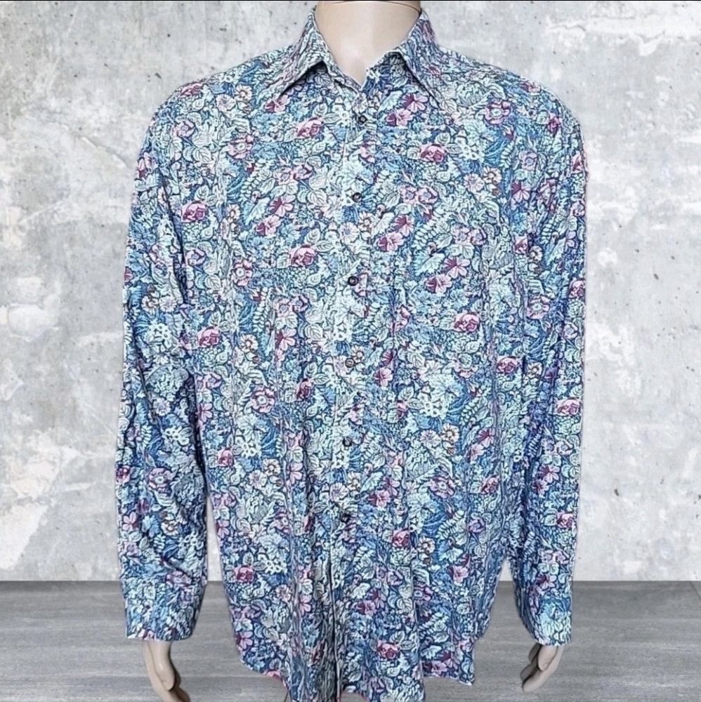 Vintage Tango By Max Raab Shirt Mens Large Blue Floral Preppy Casual USA 90s